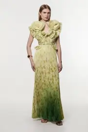 Crinkle Pleat Border Print Maxi Dress With Rosette Detail
