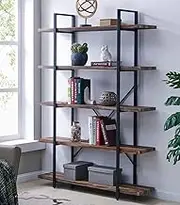IHOMDEC 5-Tier Bookcase, Vintage Industrial Wood and Metal Bookshelves Display Rack for Home and Office Organizer, Retro Brown