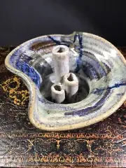 Vintage Ikebana Vase Flower Frog Studio Pottery Blue & Brown Drip Glaze