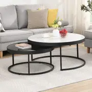 HOMFURN Modern Nesting Coffee Tables Set of 2, Round Coffee Table Real Marble Tabletop Powder Coated Metal Frame, Mid Century Accent Coffee Tables for Living Room Bedroom Office Balcony, White/Black