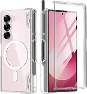 [Tongate] Magnetic for Galaxy Z Fold 6 Case with Screen Protector, [Compatible with MagSafe] Non-Yellowing Slim Transparent Z6 Phone Case Built-in S Pen Holder & Hinge Cover for Samsung Z Fold6, Clear