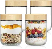 Glass jars with airtight lids, bamboo wooden lid storage jars, airtight cans oatmeal cups, nut snack storage cans for storing food, yogurt, sugar and flour, coffee beans, cookies, cereal, salad (16oz)