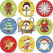 FOWSEEK 8 Pcs Christmas Diamond Painting Art Coasters, DIY Diamond Art Coasters Kit with Holder for Adults Beginners,Christmas Style Drinks for Diamond Crafts Kit for Drinks
