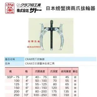 《龍哥汽機車五金》滿額免運 日本 CRAB 螃蟹牌 兩爪拔輪器/兩爪拉馬軸承拆卸工具拆軸承二爪小型拉拔器