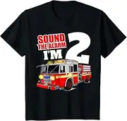 [X.Style] Kids Fire Truck 2nd Birthday Boy 2 Two Toddler Firefighter Kids ds1025 T-Shirt (S) Black
