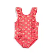 EGG Little Girl's Swim Suit One Piece Coral With Gold Shell Print Ruffled-4T
