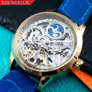 Mens Gold Dual Time Skeleton Automatic Mechanical Watch Blue Leather Strap Gift