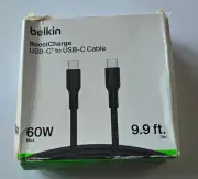 NEW Black Belkin BoostCharge Braided USB-C to C 60W Cable 9.9ft/3M in Retail Pkg