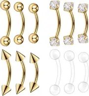 [Besyvvin] 12pcs Curved Barbell Eyebrow Lip Bars Rook Daith Stud 6mm 8mm 10mm Stainless Steel 16G Piercing Jewellery Silver Gold Black