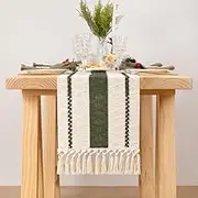 Macrame Table Runner 12 x 72 Inches Boho Farmhouse Table Runner with Tassels Cotton Linen Woven Table Runner for Spring Dining Table Home Decor, Beige & Olive Green