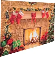 POPETPOP Christmas Background Cloth Fireplace Xmas Lights Tree Christmas Decoration Party Christmas Hanging Blanket Banner Scene Artificial Decorations Backdrop Colorful Vinyl