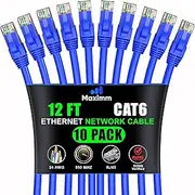 Maximm Cat 6 Ethernet Cable 12 ft (10-Pack) - High-Speed LAN Cable, Internet Cable, Patch Cable, and Network Cable - UTP, 10Gbps, 550MHz Ethernet Cord - Blue