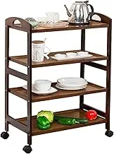 Mobile Storage Cart Kitchen Shelf Bar Cart 4 Layers Rolling Cart Wooden Bracket Solid Wood Tray 4 Universal Wheels with Locking Wheels Open Storage Space