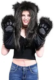 [haozaikeji] Women Faux Fur Winter Hooded Scarf Gloves 3 in 1 Set Warm Fluffy Hoodie Cute Animal Paw Gloves with Pocket Earflap Soft Girls Winter Hat Mitten Long Gloves Scarf Lovely Cat Bear Ear Leopard Print