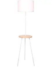 [Sarantino] Metal Floor Lamp Stand Tripod In Round Shade Wooden Table Shelf White