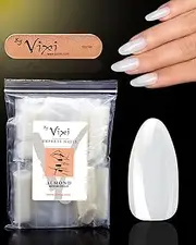 By Vixi 600 MEDIUM ALMOND NAIL SET with FREE GLUE & PREP FILE, 10 Sizes – Opaque Express Full Cover False Fingernail Extensions for Salon Professionals & Home Use