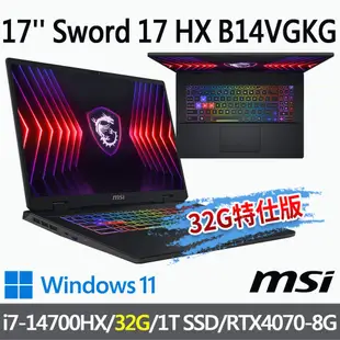 msi微星 Sword 17 HX B14VGKG-025TW 17吋 電競筆電-32G特仕版