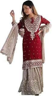 [Generic] Women's Faux Georgette Sequins Embroidered Straight Kurta With Sharara Suit and Dupatta Set