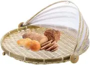 Bamboo Tent Basket, Hand-Woven Bamboo Picnic Basket, Round Insect Proof Dustproof Basket, Tent Basket with Mesh Gauze Cover for Vegetables, Fruits, Bread (30 cm)