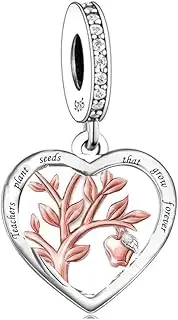 [Mon & Sons] Teachers Plant Seeds That Grow Forever Acorns Love Heart Charm Bead Pendant 925 Sterling Silver Dangle Compatible With Pandora Charm Bracelet, Metal
