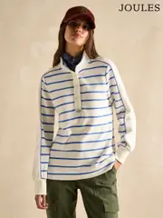 Joules Southwold Cream & Blue Cotton Button Down Striped Sweatshirt (B22458) | $150