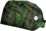 [WOSHJIUK] Working Hat 2 Pack Scrub Caps for Women,Green Tree Leaf Forest,Tie Back Cap Adjustable Scrub Hat