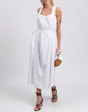RRP €371 VINCE. Midi White Dress Size L Linen Blend Gathered Square Neck