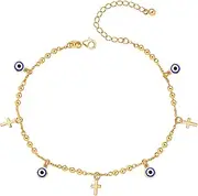 [LeCalla] 925 Sterling Silver Evil Eye Ankle Bracelets for Women | 14K Gold-Plated Adjustable Round Bead Ball Chain Anklet with Evil Eye & Cross Charm | Foot Jewelry Gifts for Women 11 Inches, Large,