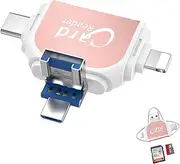 SD Card Reader, Micro TF SD Card Reader Universal Multiport 4 in1, High Speed Transmission SD Card Adapter for iPhone/USB/Type-C/Android [OTG Support] (Pink)