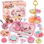 45 PCS Kids Tea Party Set for Little Girls,Tea Set Including Pretend Teapot,Dessert,Cookies,Doughnut,Ice Cream, Kids Kitchen Pretend Play Playset