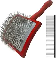 Large ergonomic smooth brush for dog and pets-long solid wooden handle needle brush, suitable for poodles graffiti dog and long-haired dogs,including extra pet comb (red).
