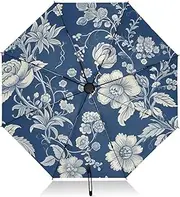 [PDZRMY] UV Protection Travel Umbrella Blue Florals Leaf Compact for Rain and Sun - Auto Open and Close UPF 50+ Windproof Portable 46” Sun Umbrella for Women and Men