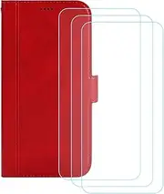 LCEHTOGYE Cover for Oppo A1 5G + 3 Slice HD Tempered Glass,Shell PU BracketBumper Protective Back Case - Anti-Scratch Screen Protector for Oppo A1 5G-YSN2 - Red