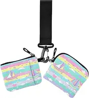 [miaozhen] Sailboat Island Cartoon Dual Wristlet Wallets for Women Thin Flat Coin Purse Wallet Bag with Wristle Strap for Work 2 Packs billetera de mujer para tarjetas, Sailboat, Island cartoon, Modern