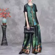 Retro Real Silk Women Floral Print 2pcs Set Short Sleeve Top Long Wide Leg Pants