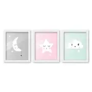 8x10 Framed Nursery Wall Art Set of 3 Hand Drawn Sleepy Star Moon & Cloud Prints