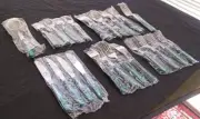 VTG 22 PIECE DECORATED GREEN HANDLE FLATWARE KNIVES FORKS SPOONS NIP