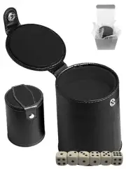 (6) 16mm Bone-Tone Pip Dice + PU Leather Black Felt Lined Dice Cup w/Compartment