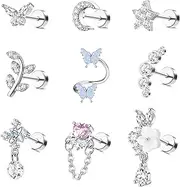 Sanfenly 9Pcs Helix Cartilage Earrings for Women Men Stainless Steel Tragus Earrings Butterfly Moon Star Flower Ear Piercing Jewellery Set for Helix Cartilage Tragus