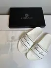39 NEW $450 VERSACE Woman White Pool Slides White Logo SANDALS NIB