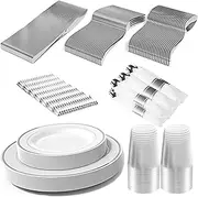 SHINYPACKET 225 Pcs Dinnerware Set, 25 Guests Reusable Plastic Cutlery Dinnerware Set for Party, 25 Pcs Forks, Knives, Spoons, Cups, Straws, Napkins with Ring, Dinner and Salad Plates (Silver)