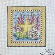 Kelly Clark Hand painted Needlepoint canvas Golden Starfish beach coral 18ct 6x6