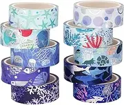 YUBX Ocean Blue Washi Tape Set 10 Rolls Silver Foil Print Decorative Masking Tapes for Arts, DIY Crafts, Bullet Journals, Planners, Scrapbook, Wrapping