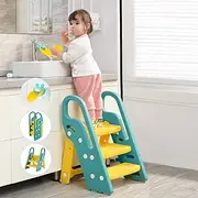 Onasti Foldable Toddler Step Stop for Bathroom Sink, Adjustable 3 Step Stool for Kids Toilet Potty Training Stool with Handles, Child Kitchen Counter Stool Helper, Plastic Ladder for Toddlers Green