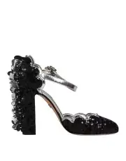 Dolce&Gabbana Women Black Sandals Polyester Sequined Ankle Strap Shoes Sz EUR 38