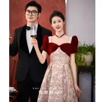 在飛比找Very buy優惠-法式敬酒服新娘小眾氣質方領結婚訂婚禮服酒紅色長款