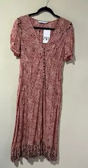 ZARA M Short Sleeve Embroidered Midi Dress Orange Tan Black Faux Button Front D8