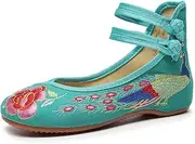 GHAKKE Chinese Style Embroidered Shoes Women Retro Traditional National Style Ankle Strap Shoes Round Toe Mary Jane Ballet Shoes Casual Lightweight Walking Flat Shoes(Green,6.5)