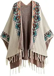 [Verdusa] Women's Printed Tassel Open Front Poncho Cape Cardigan Wrap Shawl