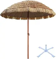 Outdoor Portable Thatched Umbrella, Round Thatched Patio Umbrella, Foldable Beach Umbrella with Tilting Function Outdoor Waterproof Sun Shade Natural Color Straw Parasol with Base